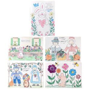 Blank Note Cards Hand Sketched PA Folk Art Country Harvest Pilgrams Easter Bunny
